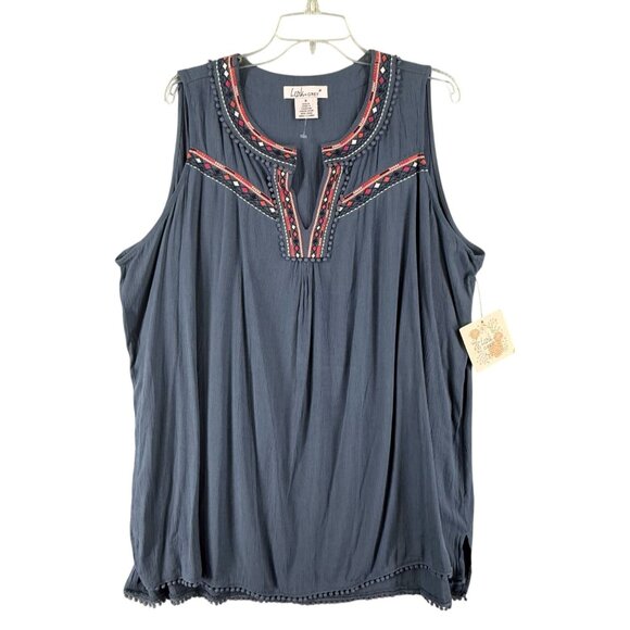 Lark+Grey Womens 1X Aztex Boho Embroidered Tunic Top Blue Pom-Pom Trim Sleeveles - Picture 2 of 8